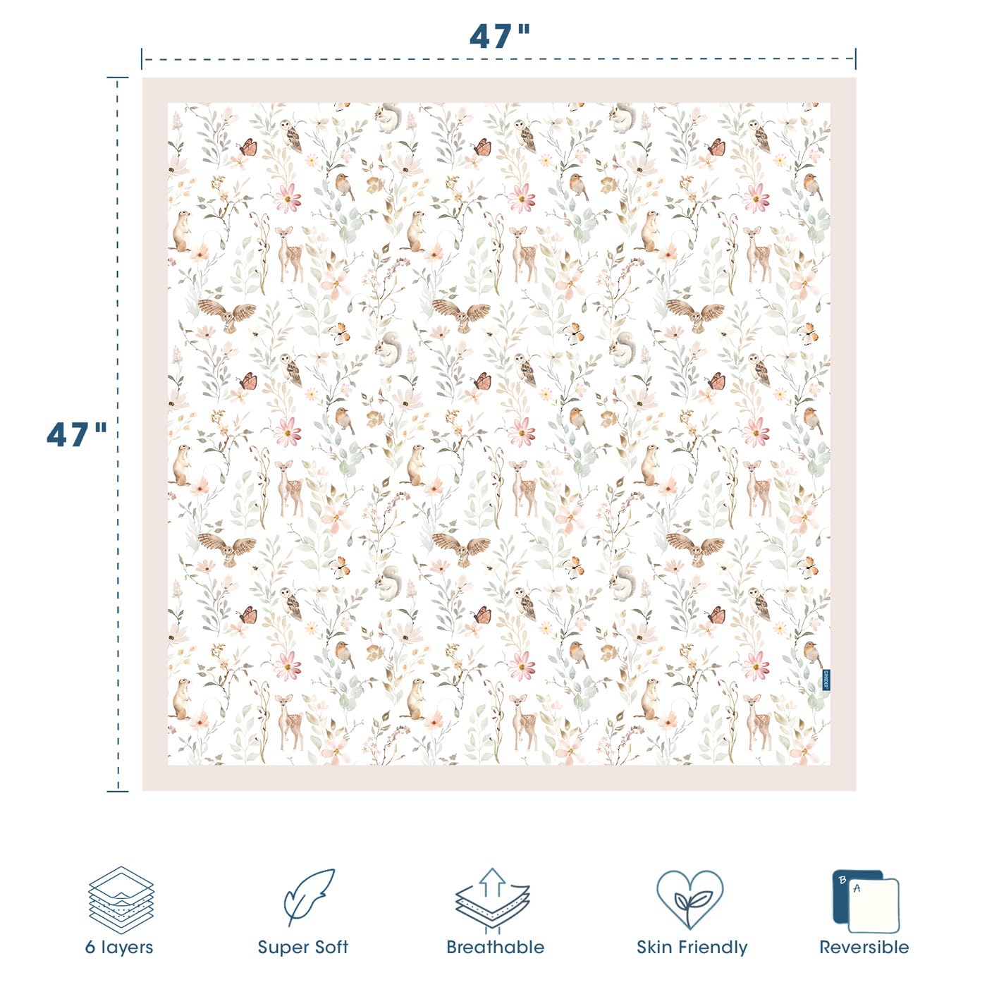 GRSSDER Muslin Cotton Quilt Blanket - Silky Soft and Breathable Baby Blanket Quilt, Oversized Muslin Blankets for Newborns, Toddlers & Kids, 6 Layers Reversible Design for All Seasons, 47" x 47"