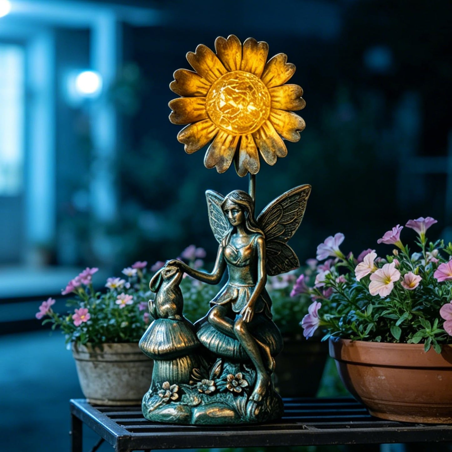 LIFESEEK Garden Solar Fairy Statue - Mushroom Seat, Touching Rabbit, Iron Flower Glass Ball, Whimsical Outdoor Ornament