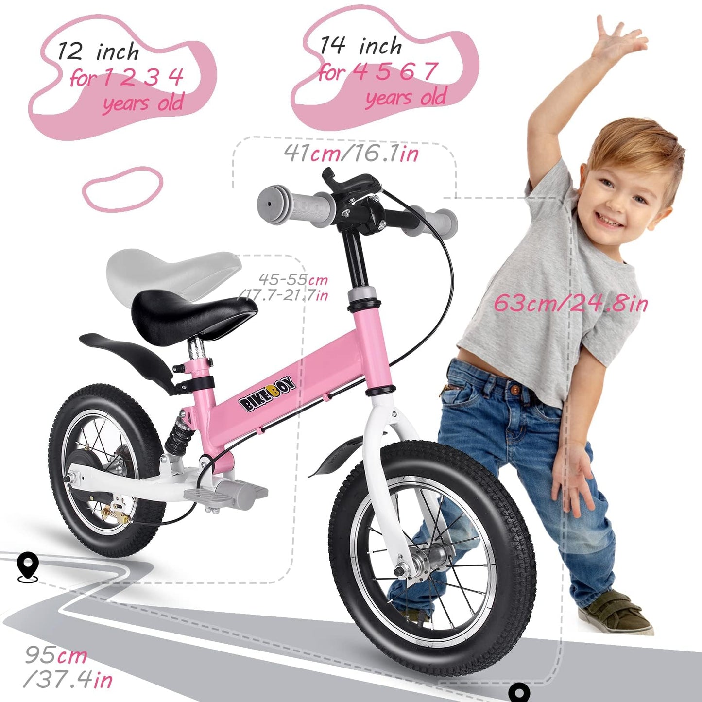 bikeboy Balance Bike 3 in 1,The Dual Use of a Kids Balance Bike and Kids Bike,12 14 Inches for 2-6 Years Old,with Shock Absorbers, Fenders, Pedals, Auxiliary Wheels