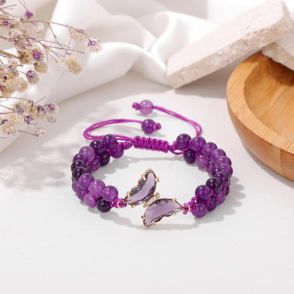 GolbalJew Natural Amethyst Bracelet for Women Healing Crystal Stone Bracelets Adjustable Braided Butterfly Charms Purple Gemstone Beads Bracelet Jewelry Women Gift