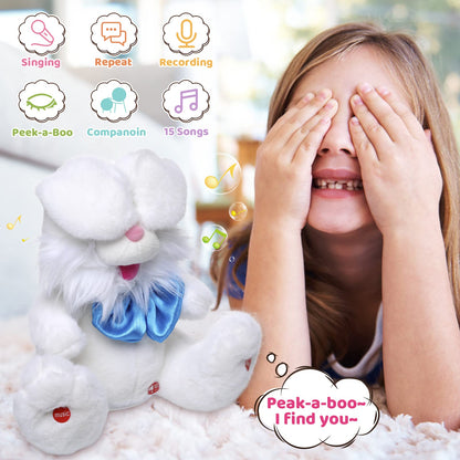 Emoin Easter Bunny Stuffed Animals Bunny Plush Baby Toys Bunny Peek-A-Boo Toys Repeats What You Say Singing with Floppy Ears Birthday Gift for Toddler 7 8 9 10 11 Months 1-2 Year Old（White）