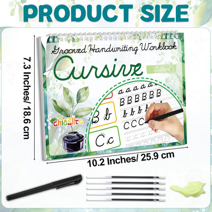 chiazllta Grooved Cursive Handwriting Workbook with Disappearing Ink Pens Magic Reusable Grooved Cursive Writing Practice for Beginners Kids Kickoff Student Workbook Homeschooling Supplies (Letters)