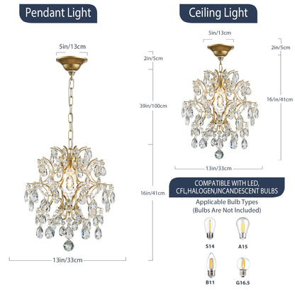 Bestier Gold Modern Pendant Chandelier Crystal Raindrop Lighting Ceiling Light Fixture Lamp for Dining Room Bathroom Bedroom Livingroom entryway 1 E26 Bulbs Required D13 in x H16 in