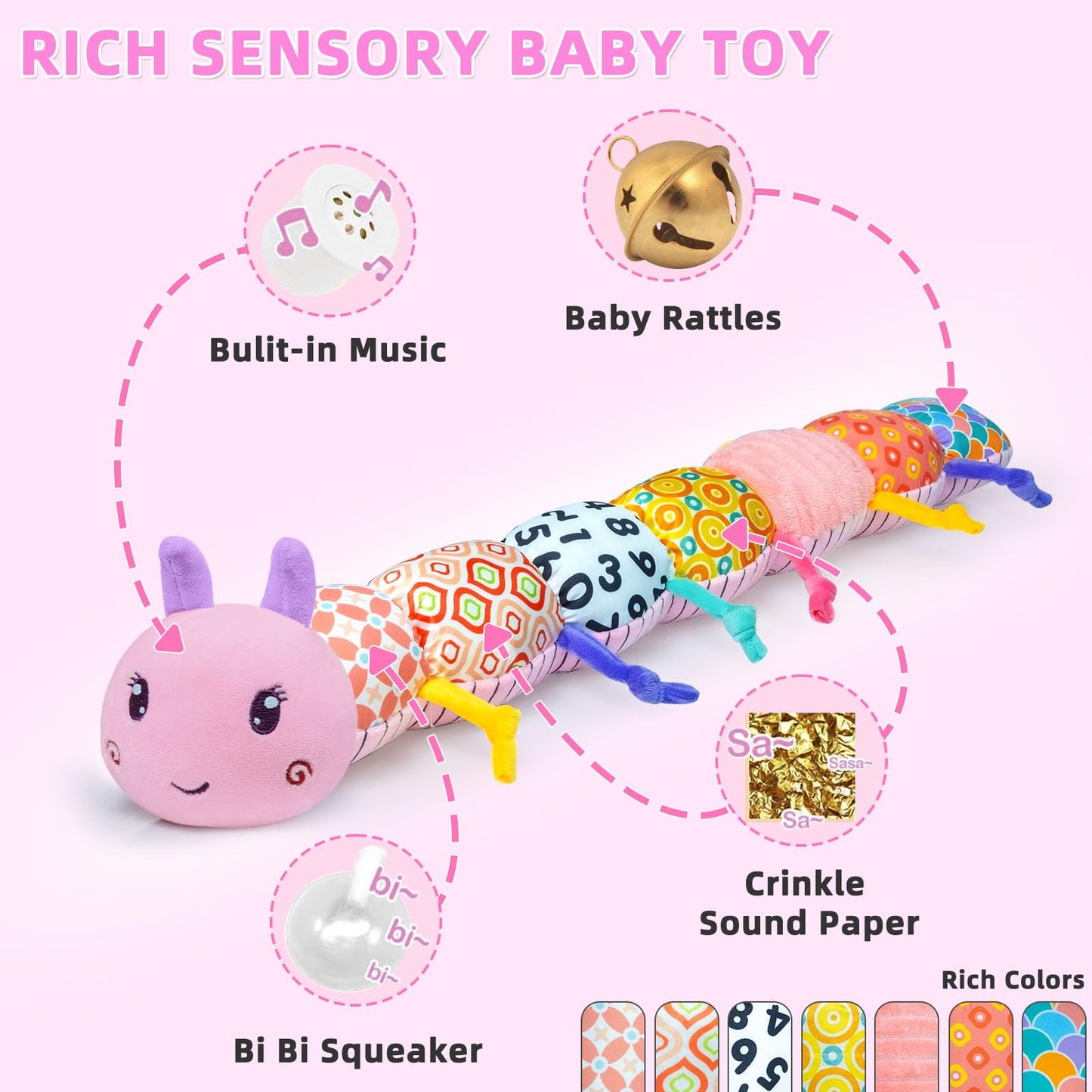 Baby Infant Musical Toy Soft Stuffed Animal Toy with Multi Textures,Rattle,Crinkle,Newborn Baby Toy for 0 3 6 9 12 Months Girls Boy Gift,Caterpillar，Pink