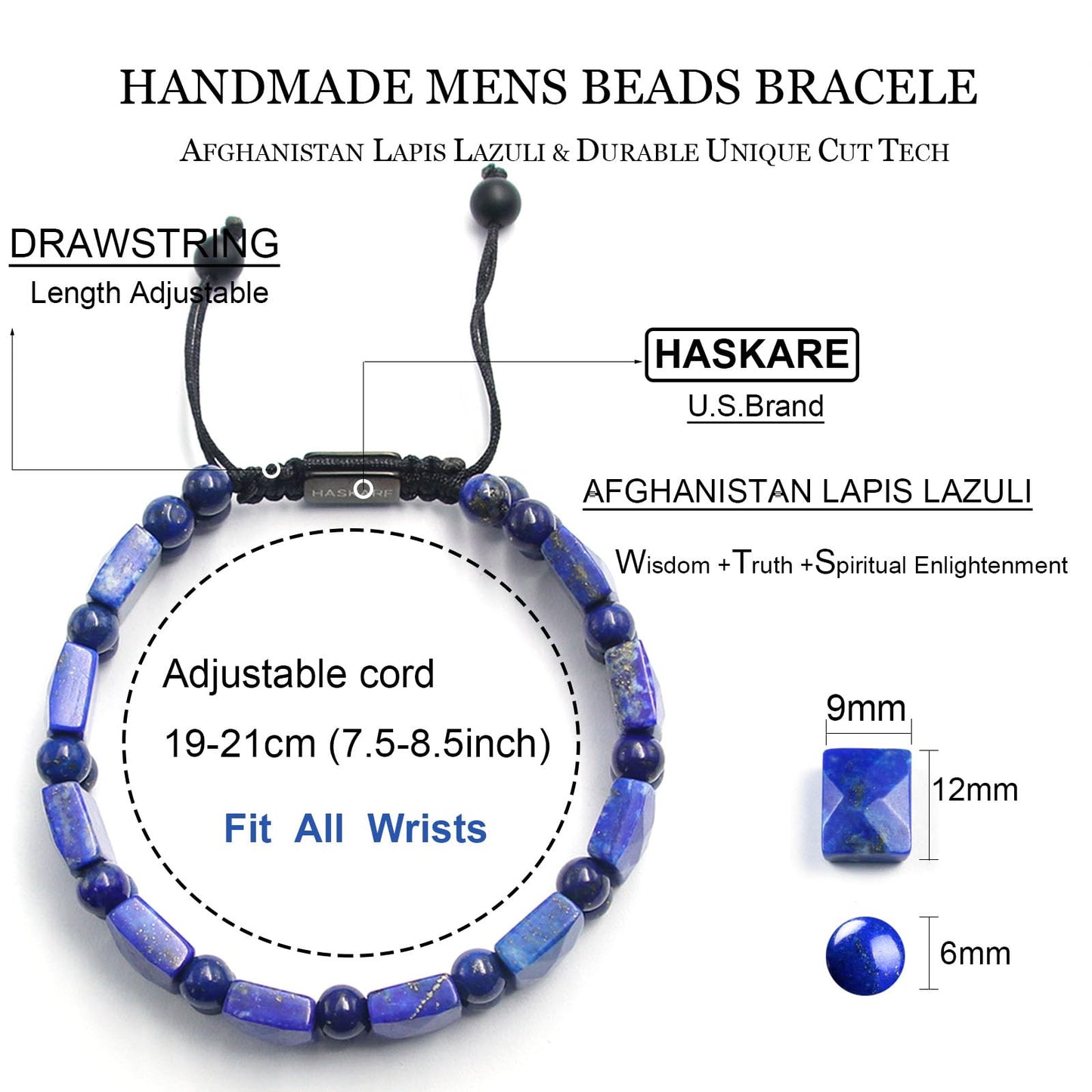 HASKARE Mens Jewelry Beads Crystal Bracelet for Men, Energy Bead Bracelets Healing Stone Lapis Lazuli Bracelet, Real Blue Gemstone Protection Crystals Woven Drawstring Anxiety Bracelets Gift for Him