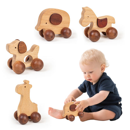 DadCarved Baby Push Car Montessori Toys, 4PCS Wooden Animal Toy Vehicles for Toddlers, Natural Wood Infant Car Toys (Puppy, Elephant, Pony, Giraffe) for Gift and Decor