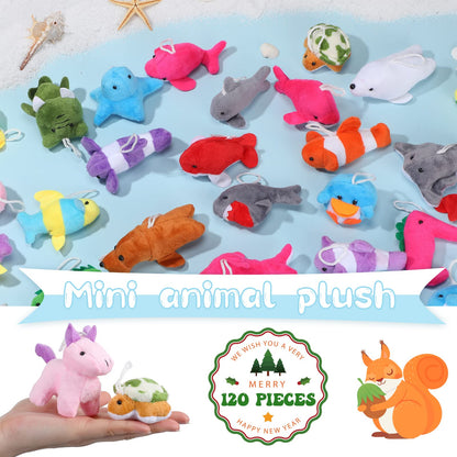 HyDren 120 Pcs Mini Animal Plush Toys Party Favors Small Stuffed Animals Bulk Cute Jungle Sea Animal Toy Keychain Decoration for Valentines Birthday Party Classroom Prize Teacher Student Award Gift