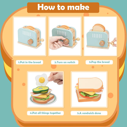 JugueteLand Wooden Pop up Toaster Play Kitchen Set, 17PCS Play Food Accessories for Toddlers Early Learning,Pretend Play Breakfast Playset, Toys Gift for Toddlers Girls & Boys