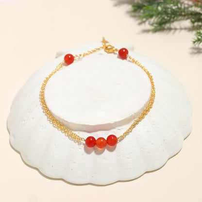 POSHPENDANT Handmade Carnelian Bead Bracelet – Natural 6mm Carnelian Beads – Vitality & Motivation – Dual Gold Brass Chain – Adjustable 7+1 Inch – Spiritual Gift for Her