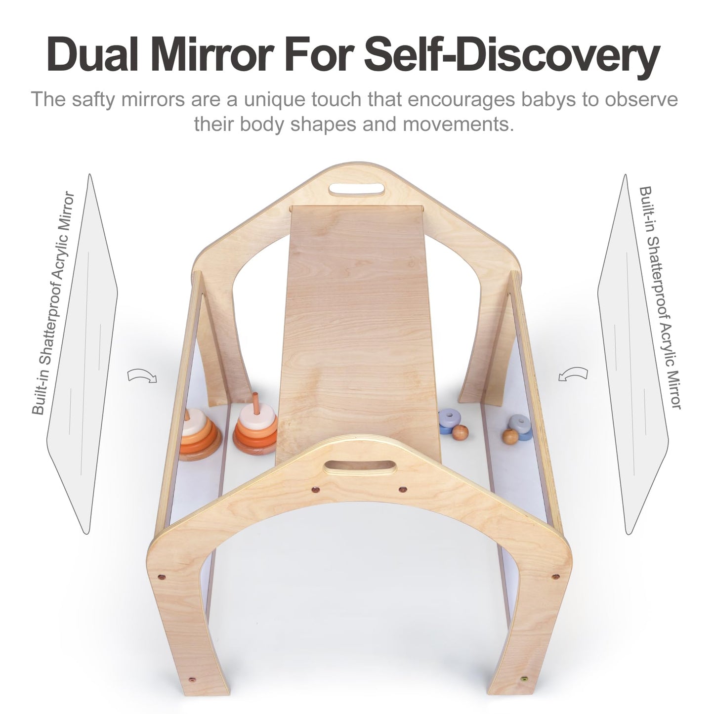 KRAND Wooden Playhouse for Toddlers w/Double Non-Shatter Safety Mirrors, Montessori Crawling Tunnel/Crawl-Through Play Set for Children and Kids, Daycare and Preschool Playroom(with Cushion)