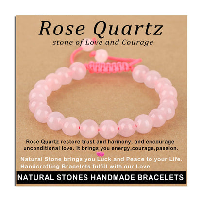 AD Beads 8mm Rose Quartz Bracelet - Stone of stone of Love and Courage - Handmade Natural Stone Crystal Bracelet with Adjustable Macrame String - Yoga Healing Power Energy Gifts for Men and Women