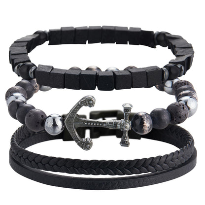 Dazylleco 3pc Mens Beaded Bracelets Silver Stainless Steel Chain Bracelet for Men Handmade Braided Bracelet Sets Jewelry Gifts for Men(89-Black Anchors)