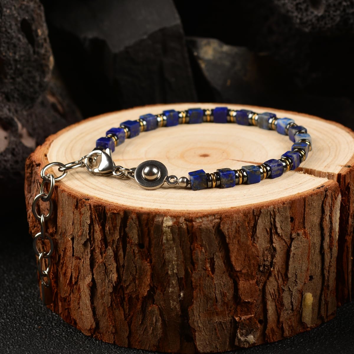 Casvia Handmade Lapis Lazuli Hematite Mens Bracelet, Stainless Steel Dual-Clasp, Adjustable 6.89-8.8 Inch, Spiritual Chakra Symbolism, Birthday Holiday Gift for Dad Husband Boyfriend