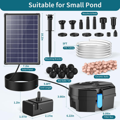 POPOSOAP 8W Solar Pond Filter Built-in 3600mAh Battery Backup, Solar Pond Filter with Water Pump, Solar Water Fountain Pump for Ponds Fish Tank Bird Bath Waterfall Garden DIY Water Feature P3081D