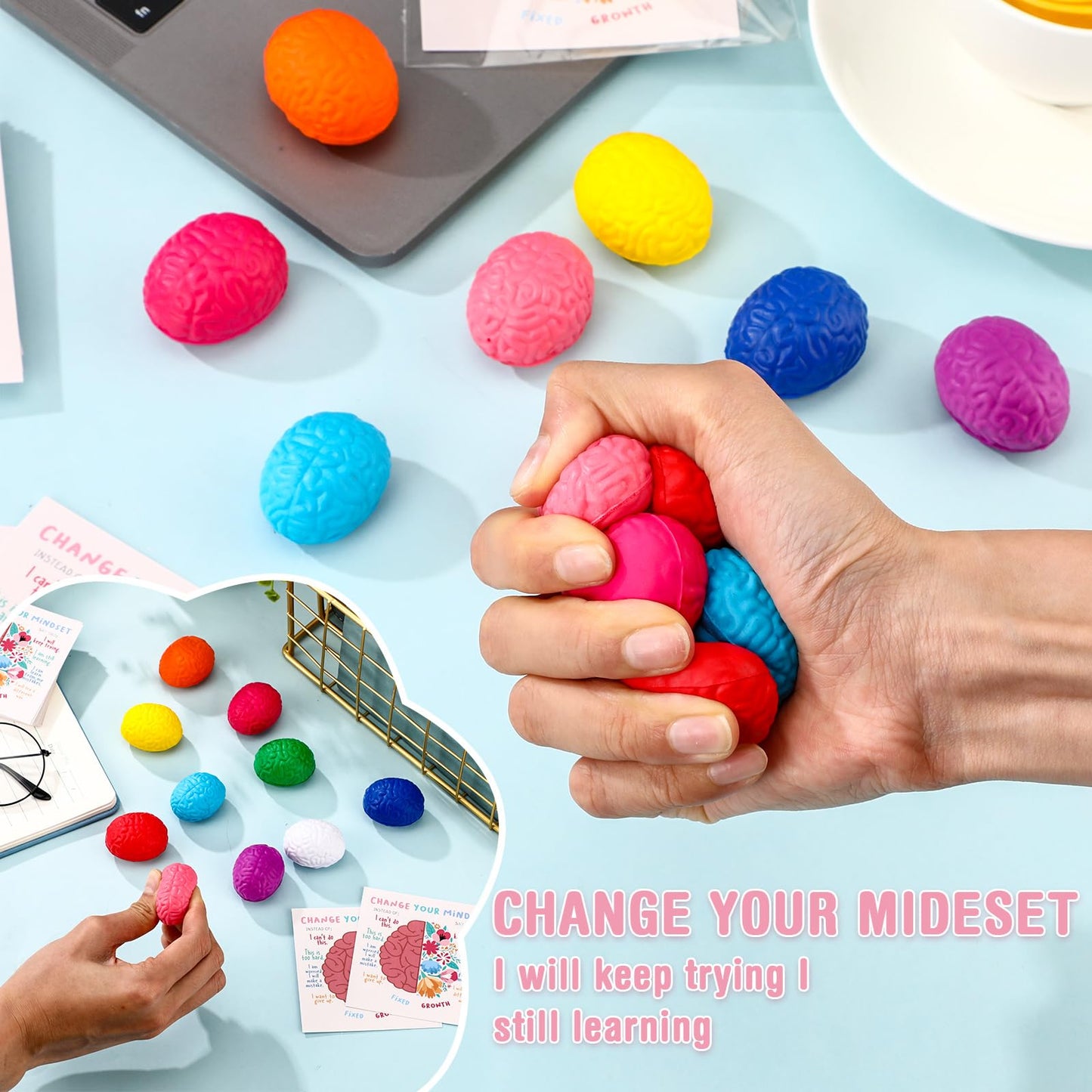 Hollowfly 100 Set Growth Mindset Gift Brain Stress Balls Bulk with Motivational Cards Back to School Stress Balls Gifts Funny Relief Toy for Students Classroom Employee Appreciation for Coworker