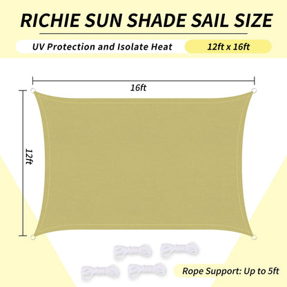 RICHIE Upgrade 12'x16' Sun Shade Sail Rectangle Canopy, Water Resistant & UV Block Sunshade for Outdoor Patio Lawn Beach Garden Carport Backyard Deck Pergola, Sand