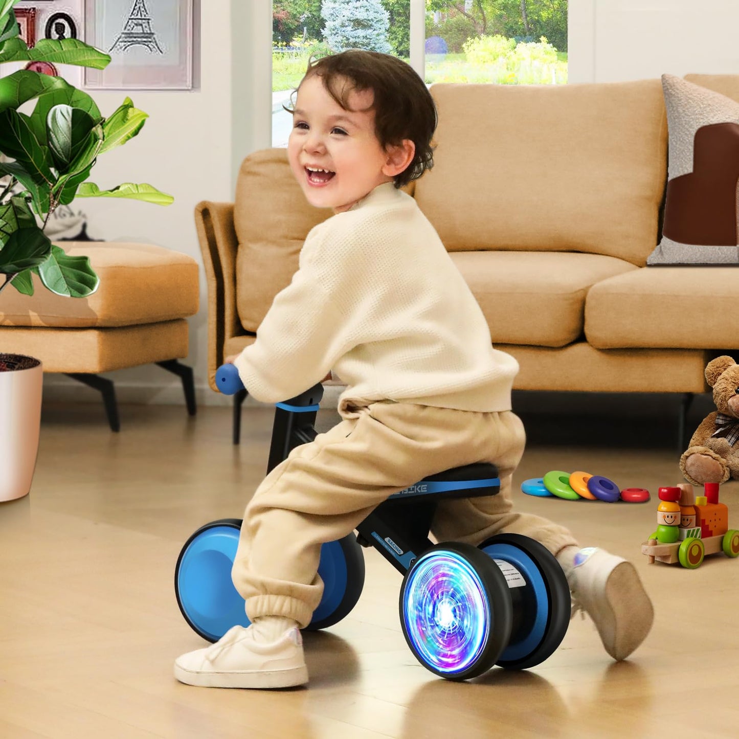 ESPRAY Colorful Lighting Baby Balance Bike Toys for 1 Year Old Boys Gifts, Toddler First Bike 12-24 Months with Adjustable Soft Seat, 4 Silent Wheels Ride on Toy, Perfect First Birthday Gift