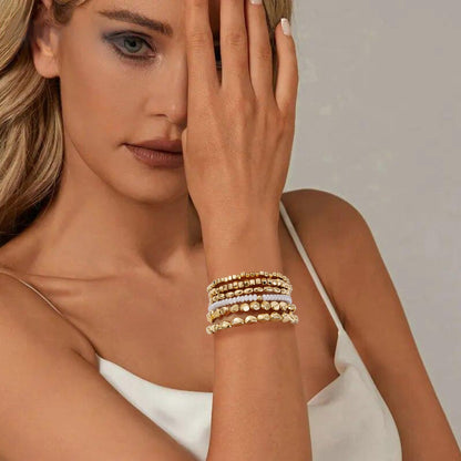 Sajidos Gold Plated Beaded Bracelets for Women Trendy, 14K Gold Plated Stack Cross Pearl Bead Stretch Bracelets Set Elastic Hypoallergenic Bracelets Jewelry Gifts (style9)