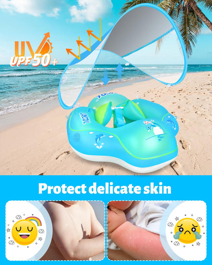 LAYCOL Baby Pool Float with Canopy UPF50+, 5 Point Safety Buckle No Flip Over, Inflatable Toddler Floaties Infant Pool Floats with Double Air Chambers, Baby Beach Essentials/Traval for 3-36M Blue L