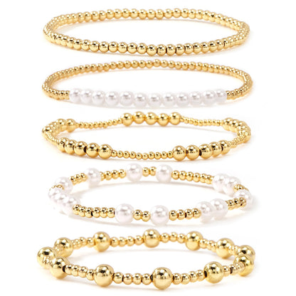 14K Gold Pearl Beaded Bracelet Stack for Women,Dainty Bohemian Stretch Gold Plated Ball Beads Non Tarnish Stackable Bracelets Fashion Holiday Party Jewelry Gift Friendship