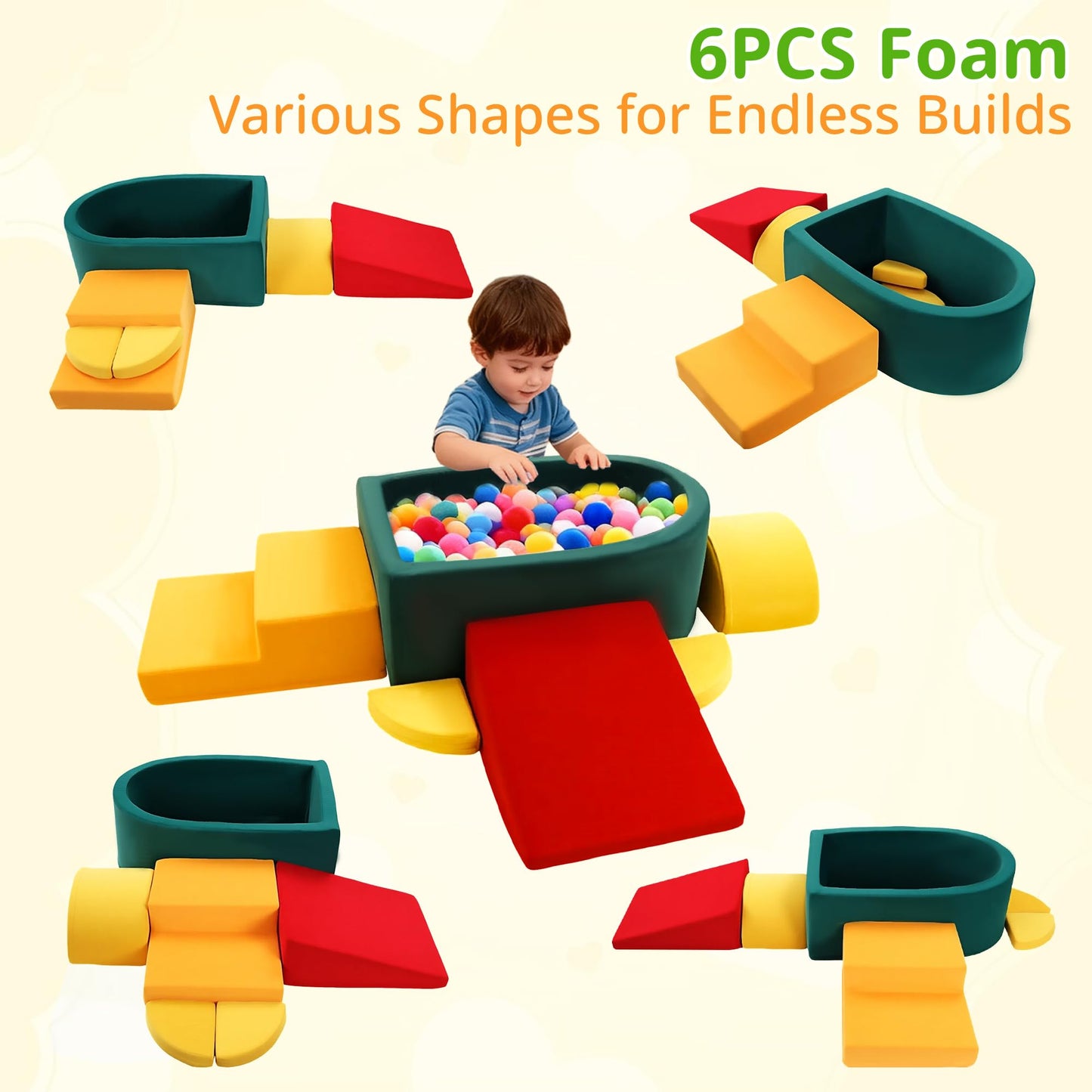 Foam Climbing Blocks for Toddler, Indoor Soft Climbing Toys with Ball Pit for Baby, 6pcs Soft Play Set Climbing Crawling Blocks for Playroom LivingRoom, Birthday Gift for 1-3 Years(Balls not Included)