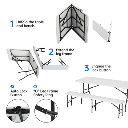 Winlice 6 FT White Picnic Folding Table Set with 2 Benches, Portable Patio Dining Sets for Backyard, Lawn, Event, Party, Camping