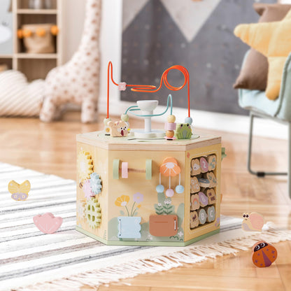 ROBUD Wooden Activity Cube, Montessori Toys for 1+ Year Old, Educational Toy with 13 Functional Areas, Fountain Garden Theme for Baby Boys & Girls