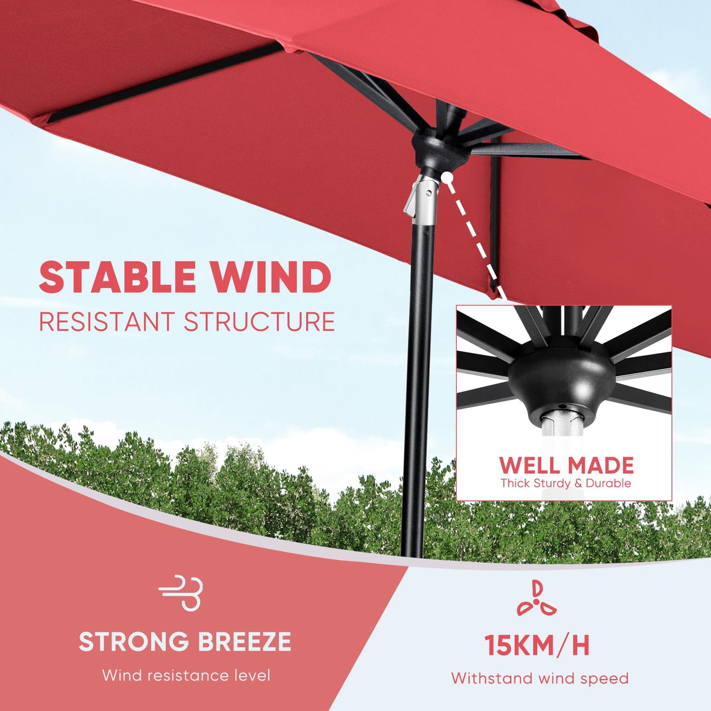 Tempera 9ft Patio Market Outdoor Table Umbrella with Auto Tilt and Crank, Large Sun Umbrella with Sturdy Pole & Fade Resistant Canopy, Easy to Set, Rust Red