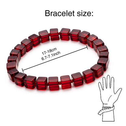 Amber by Mazukna Natural Red Baltic Amber Bracelet for Women and Men – Stretch Wristband with Polished Cube Beads, Lightweight Unisex Jewelry Gift for Daily and Casual Wear (Red)