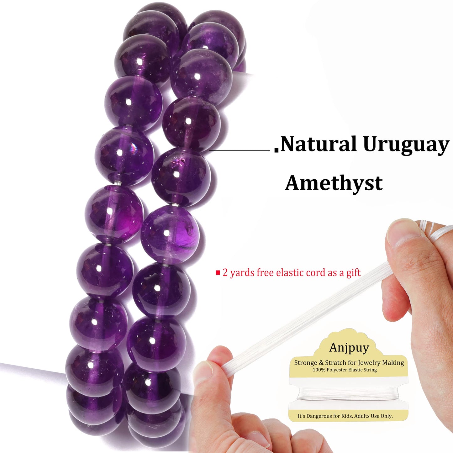 10mm Natural Uruguay Amethyst Round Bead - 35PCS Bulk Gemstone Beads for Jewelry Making, DIY Bracelets, Necklaces - Includes Crystal Stretch Cord - Stone Beads for Crafting Gifts