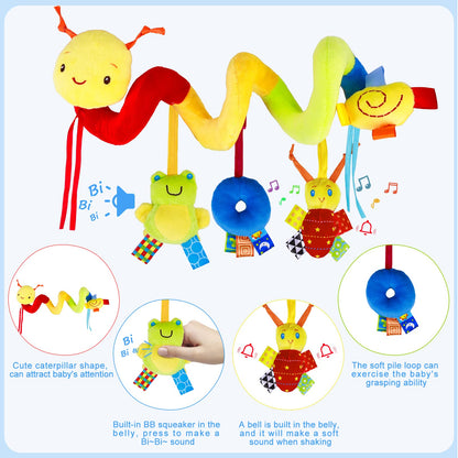 Spiral Car Seat Activity Toy, Stroller Arch Toy, Baby Crib Toys Hanging for Infant Boy Girl Ages 0-12 Months, Newborn Sensory Toy with Rattle, Squeaky, Ringing Bell for Bassinet, Stroller, Crib