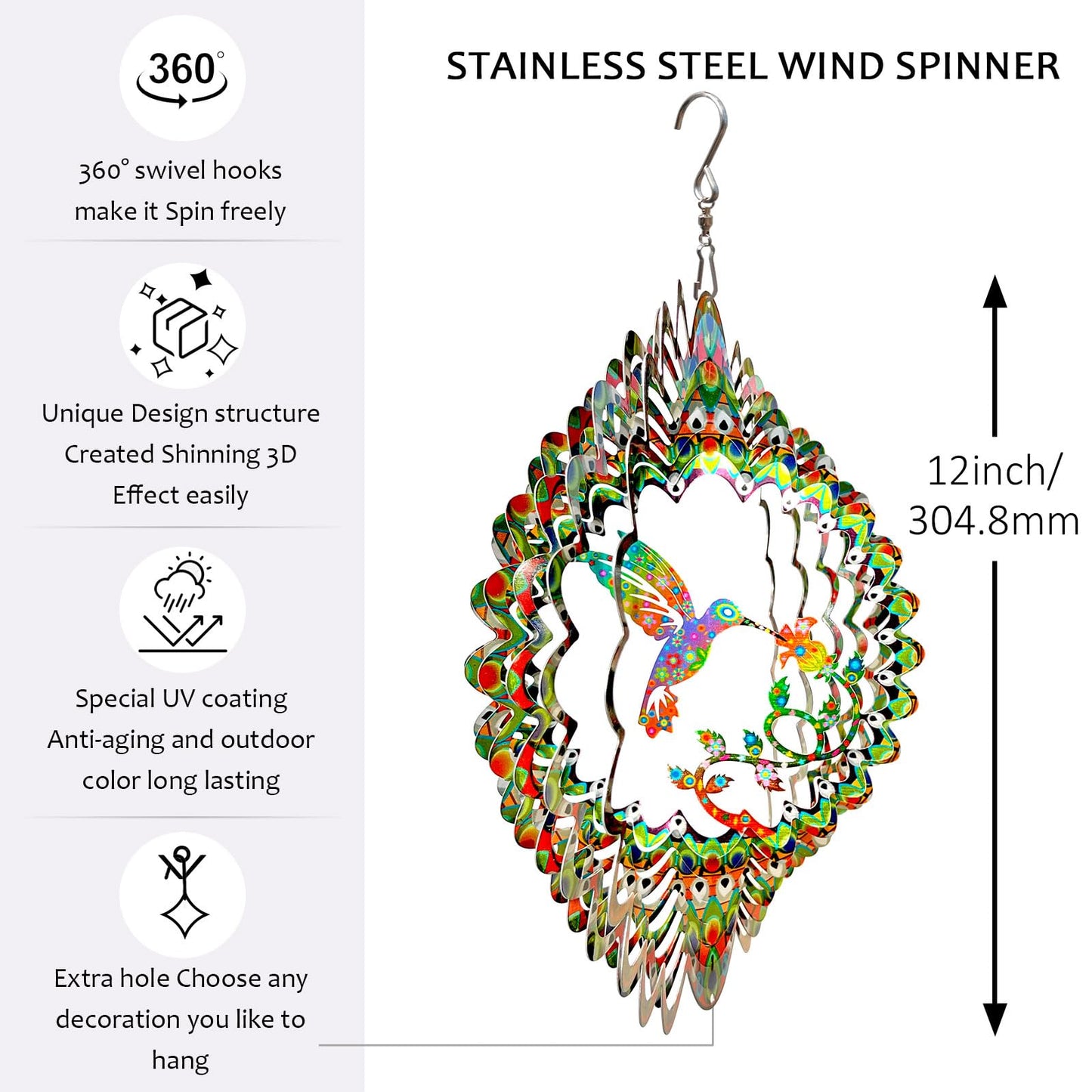 Aoedelyart Hummingbird Wind Spinner for Yard and Garden,12in 3D Wind Spinner Hummingbird Gift for Women/Mother/Father/Men,Hanging Bird Wind Catchers Kinetic Yard Art Ornaments Outdoor Wind Sculptures