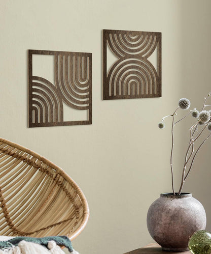 Putuo Decor Geometric Abstract Wall Art Set of 2, Modern Square Wooden Modern Arched Wall Decor for Living Room Bedroom Entryway, Minimalist Brown Wall Sculpture