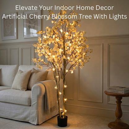 Artificial Cherry Blossom Tree with Lights 6ft Tall, White Faux Cherry Blossom Tree Indoor with LED String Lights, Japanese Sakura Tree for Living Room Office Home Decor