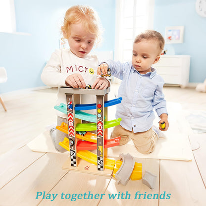 TOP BRIGHT Wooden Car Ramp Race Track Toy for Toddlers 1-4 Years, Montessori Educational Learning Toy for 2 Year Old Boys Girls Gifts with 6 Mini Cars
