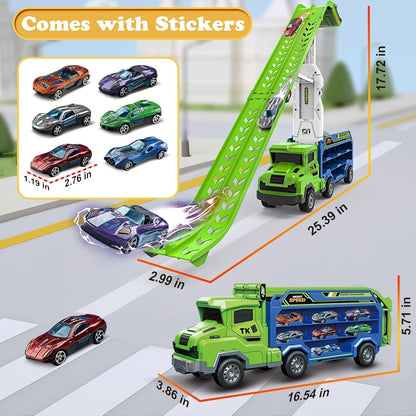 Toddler Car Truck Toys,Car Carrier Truck Toys for Kids Age 3-5 4-8,Foldable Car Track Sets with 2.8-Ft Race Track and 6 Die-Cast Race Cars, Truck Toys Gifts for 3 4 5 6 7 8+ Year Old Boys Girls(Green)
