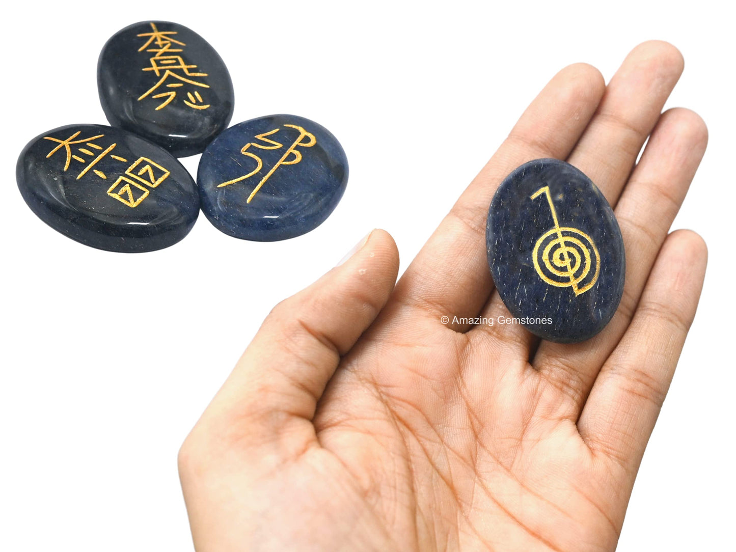 Amazing Gemstone Blue Aventurine Crystal Reiki Stones with Engraved Symbols for Usui Reiki Healing, Set of 4 Pcs (Indian Handmade Reiki Gift Set)