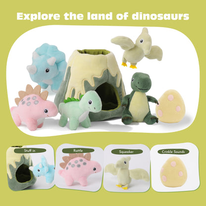 PIIKAGO Baby Toys 6-12 Months – My Little Volcano with 5 Stuffed Dinosaurs, Montessori Toy with Rattle, Crinkle, Squeaker, Sensory Toys for Toddlers 1-3, Early Development Christmas Birthday Gift