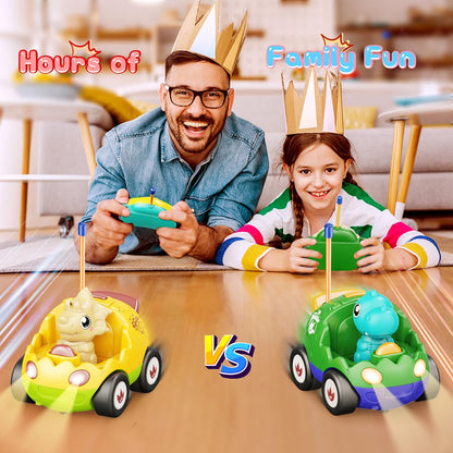 Kidz do 2 Pack Dinosaur Remote Control Cars for Toddlers 2 3 4 5 Years Old - Easter Birthday Gift Ideas for Boys Ages 2-5, Kids Dino Toys RC Vehicle with Lights and Music for Family Fun(Yellow Green)