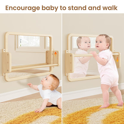 Woodtoe 3-in-1 Montessori Mirror with Bar, Adjustable Toddler Mirror & Pull Up Bar, Montessori Learning Toy for Baby 6-18 Months, Nursery Mirrors, Natural Wood Furniture for Daycare, Kids Classroom