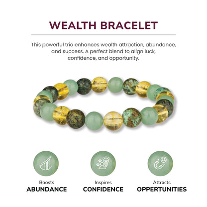 Crystal Vibe Extra Strength Wealth Bracelet - Money Bracelet for Prosperity - Citrine, Green Aventurine and African Turquoise Beaded Bracelet for Women Men - Adjustable Size