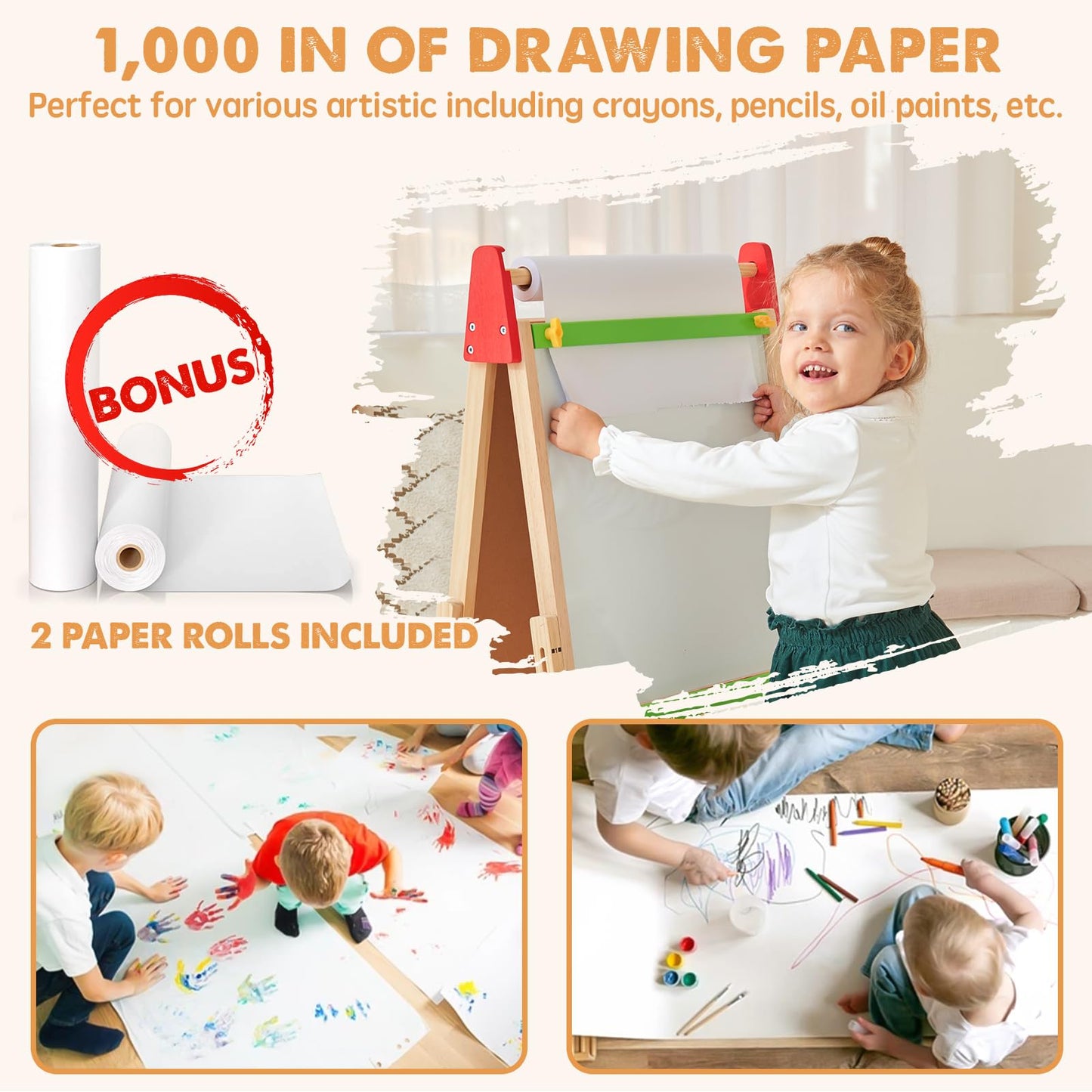 Tiny Land Easel for Kids with 2 Drawing Paper Roll, Adjustable Kids Art Easel, Learning-Toy for 3,4,5,6,7,8 Years Old Boy & Girls, Wooden Chalkboard & Magnetic Whiteboard & Painting Paper Stand