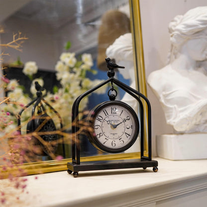 SOFFEE DESIGN 7.5'' x 10'' Mantel Clock Iron Tower Frame, Creative Bird Ornament Tabletop Clock, Silent Clock with Hollow Carved Back Cover for Home Decor, Black