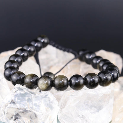 DAZCOLO Handmade Gem Bracelet Adjustable Macrame Gemstone 8mm Round Beads Crystals Quartz Unisex (Silvery Obsidian)