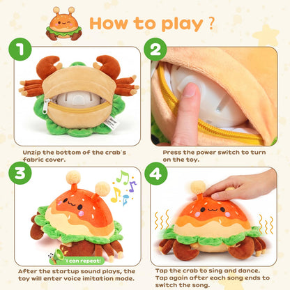 JoyCat Baby Toys 0-18 Months, Musical Crawling Crab Plush Toy - 38 Songs & Recording Feature, Bouncing Tummy Time Toy, Sensory Toys with Crinkle & Textures for Newborn Boys Girl Shower Gifts