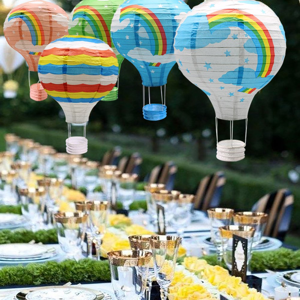 Hanging Rainbow Hot Air Balloon Paper Lanterns Set Party Decoration Birthday Wedding Christmas Party Decor Gift, 12 inch, Pack of 5 Pieces