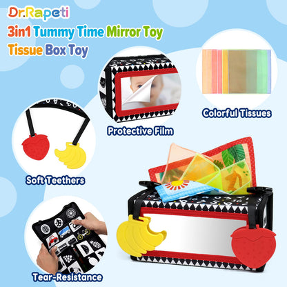 Dr.Rapeti Tummy Time Mirror, Tissue Box Toy, 3in1 Black and White High Contrast, Double-Sided Foldable Sensory Montessori Toy, Crinkle Silk Scarves Teethers 0-6 6-12 Month Newborn Infant Baby