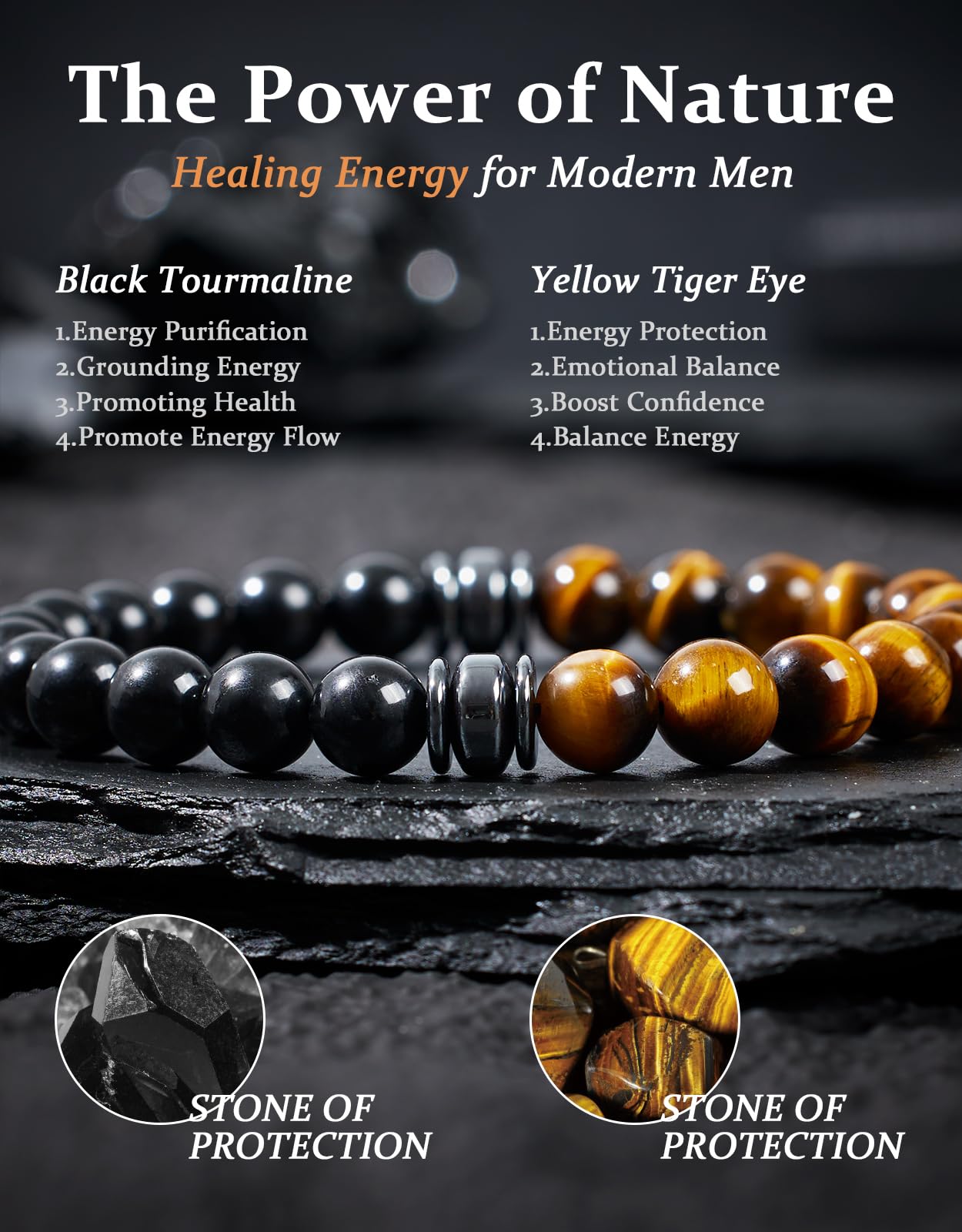 Landorilo Gifts for Men, 8mm Natural Stone Beaded Bracelets, Black Tourmaline & Tiger Eye Healing Bracelet, Handmade Mens Jewelry Gift for Him, Husband, Son, Father, Friend(To My Son-8.3in)