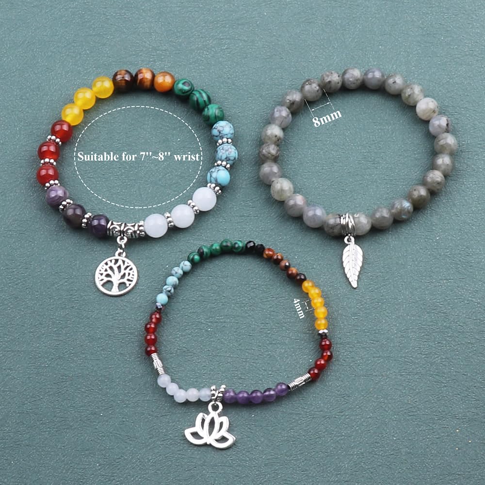 UEUC Natural Gemstone Chakra Bracelets for Women, Multilayer Tree of Life Lotus Crystal Healing Stone Bracelet Sets, Yoga Meditation Reiki Relax Bracelets for Stress Relief(#105)