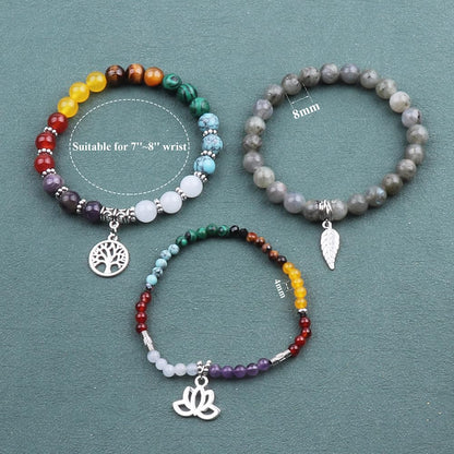 UEUC Natural Gemstone Chakra Bracelets for Women, Multilayer Tree of Life Lotus Crystal Healing Stone Bracelet Sets, Yoga Meditation Reiki Relax Bracelets for Stress Relief(#105)